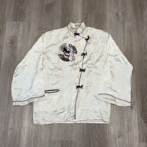 RARE Vintage 60s 70s Japanese Trademark Silk Embroidered Dragon Top Women's Sz M